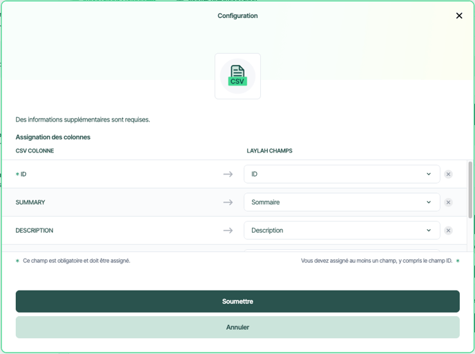 Import CSV - valider champs - FR